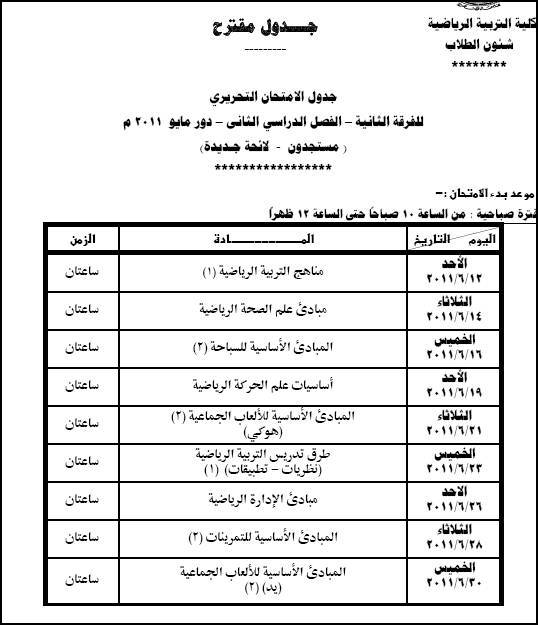 جدول امتحانات كليه تربيه رياضيه الفصل الدراسى الثانى 2011 211