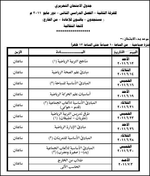 جدول امتحانات كليه تربيه رياضيه الفصل الدراسى الثانى 2011 311