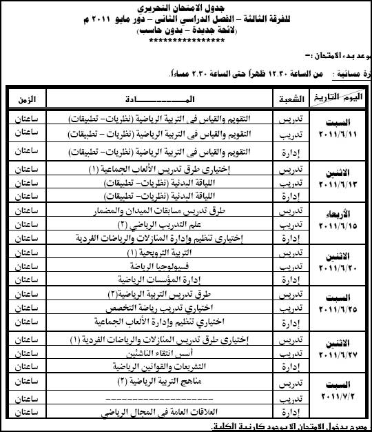 جدول امتحانات كليه تربيه رياضيه الفصل الدراسى الثانى 2011 411
