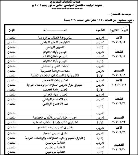 جدول امتحانات كليه تربيه رياضيه الفصل الدراسى الثانى 2011 611